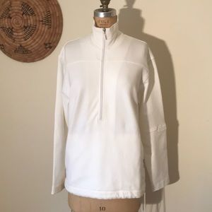 Cotton spandx zip frnt hi neck drawstring pullover